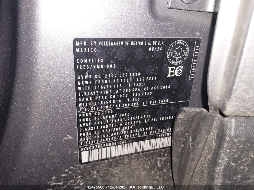 2024 Volkswagen Taos Trendline VIN: 3VVGX7B27RM091040 Lot: 12475568