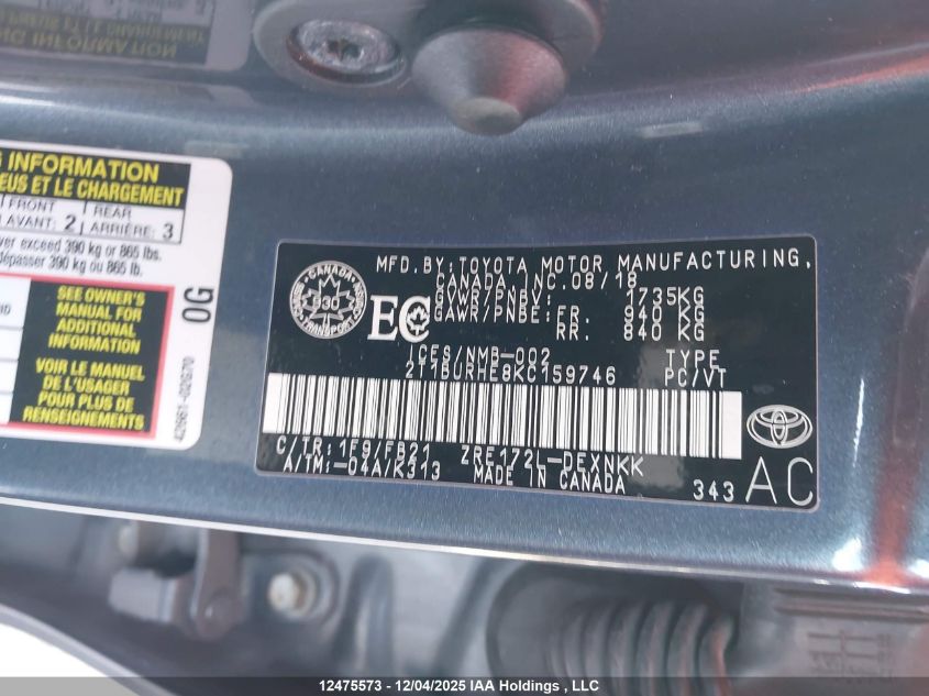 2019 Toyota Corolla Le VIN: 2T1BURHE8KC159746 Lot: 12475573