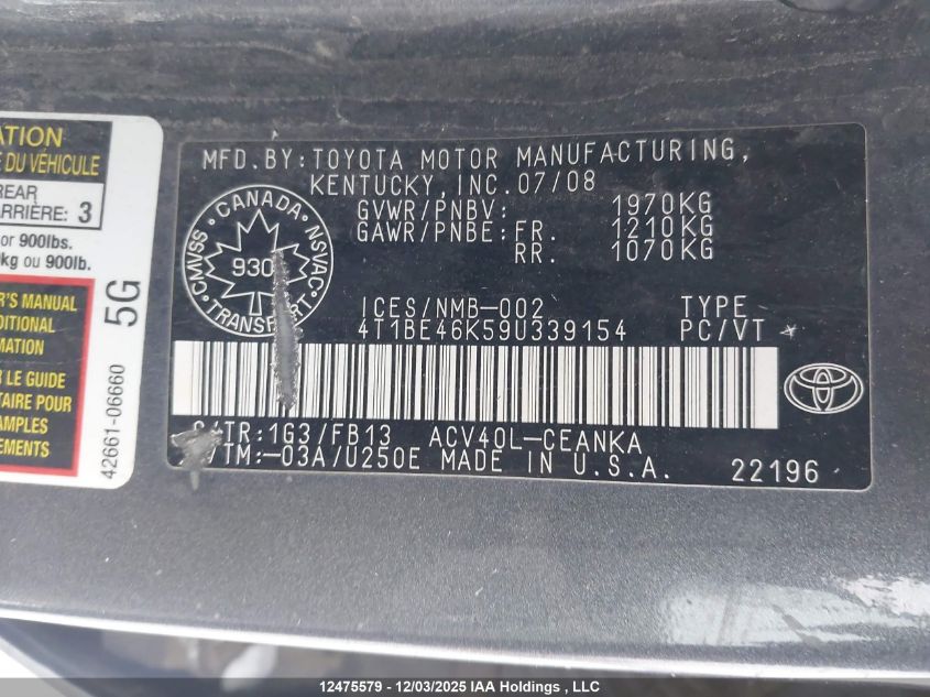 2009 Toyota Camry Le VIN: 4T1BE46K59U339154 Lot: 12475579