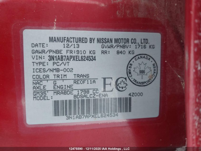 2014 Nissan Sentra 1.8 S/1.8 Sl/1.8 Sr/1.8 Sv VIN: 3N1AB7APXEL624534 Lot: 12475590