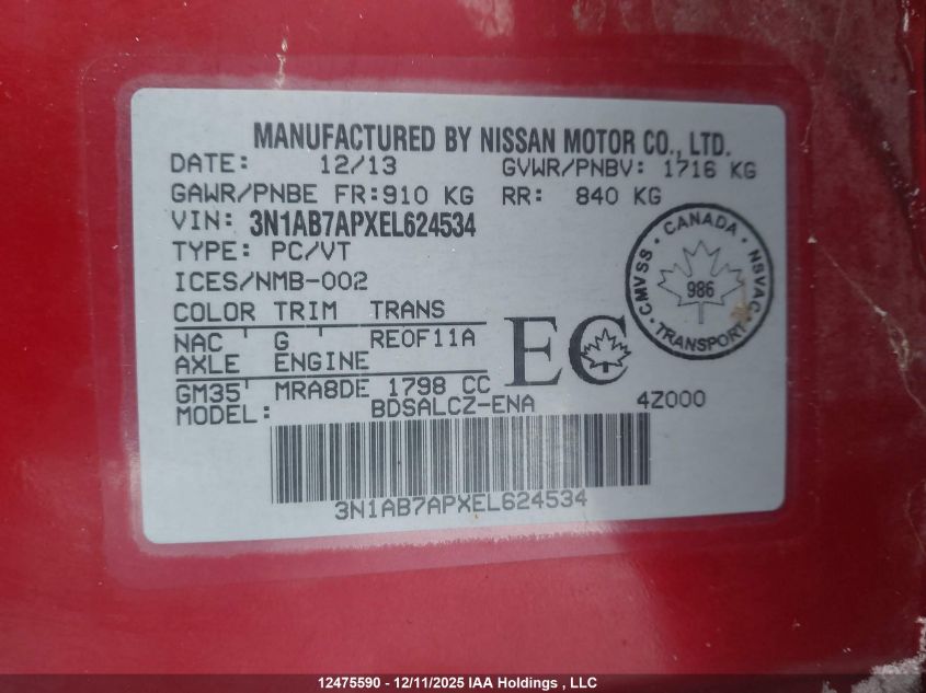 2014 Nissan Sentra 1.8 S/1.8 Sl/1.8 Sr/1.8 Sv VIN: 3N1AB7APXEL624534 Lot: 12475590