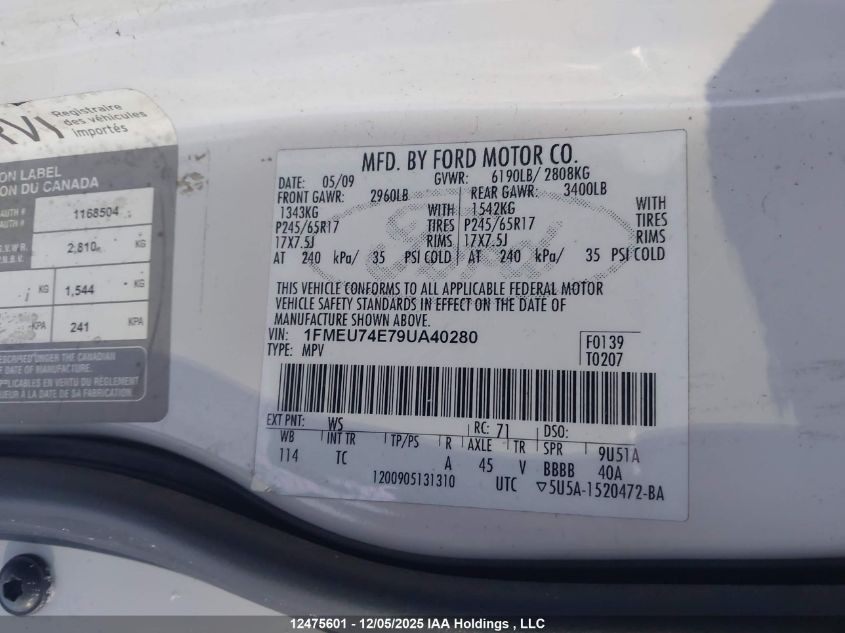 2009 Ford Explorer Eddie Bauer VIN: 1FMEU74E79UA40280 Lot: 12475601