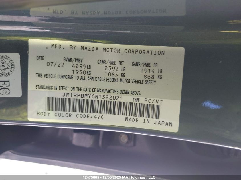 2022 Mazda Mazda3 Gt W/Turbo VIN: JM1BPBMY6N1522021 Lot: 12475605