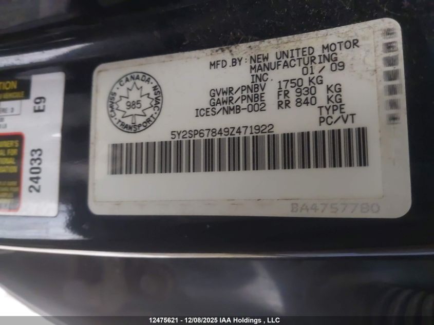 2009 Pontiac Vibe VIN: 5Y2SP67849Z471922 Lot: 12475621