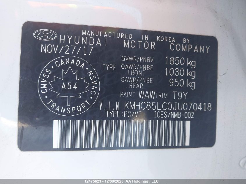 2018 Hyundai Ioniq VIN: KMHC85LC0JU070418 Lot: 12475623