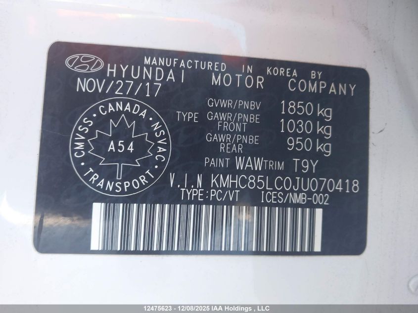 2018 Hyundai Ioniq VIN: KMHC85LC0JU070418 Lot: 12475623