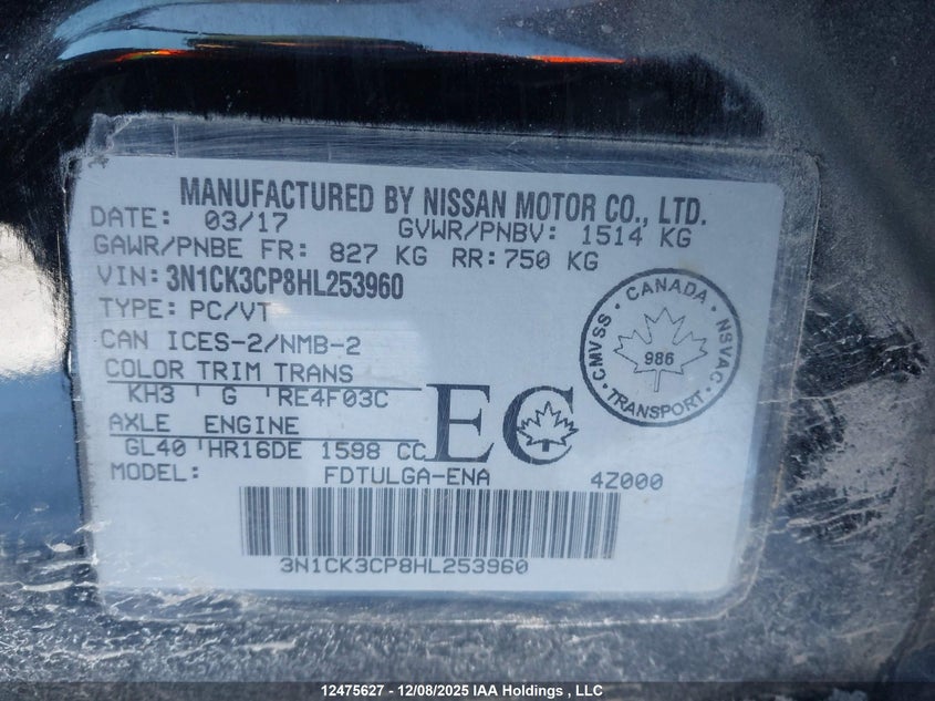 2017 Nissan Micra VIN: 3N1CK3CP8HL253960 Lot: 12475627