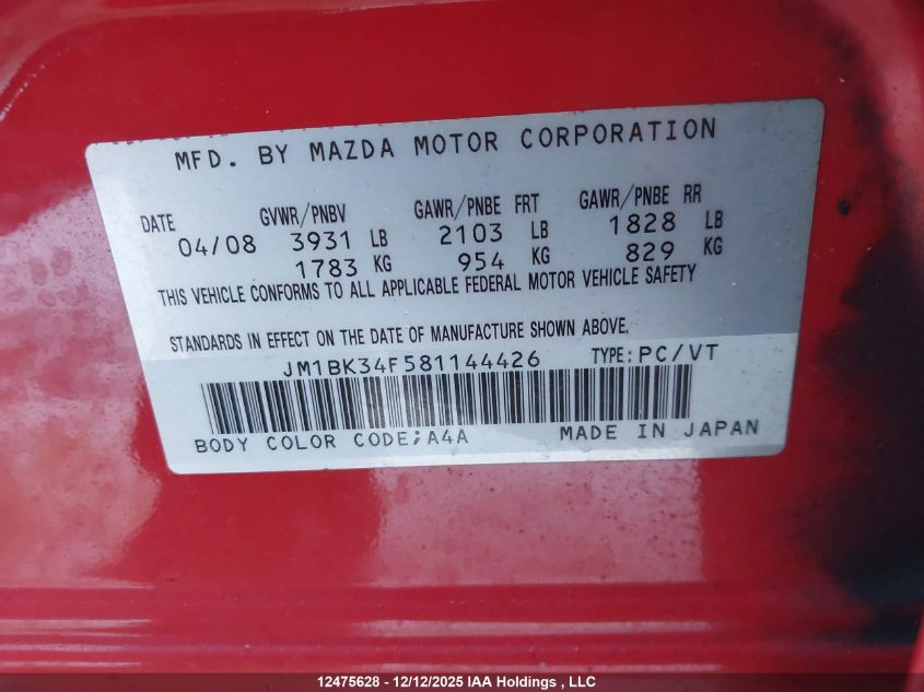 2008 Mazda Mazda3 VIN: JM1BK34F581144426 Lot: 12475628