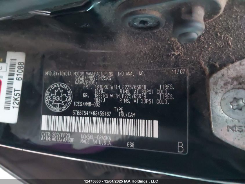 2008 Toyota Tundra Sr5 4.7L V8 VIN: 5TBBT54148S459467 Lot: 12475633