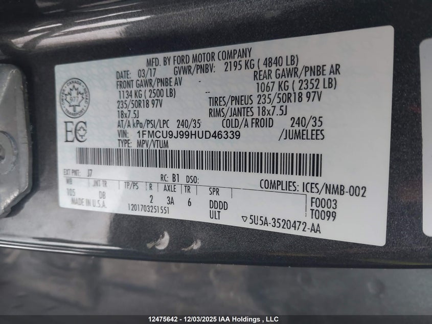 1FMCU9J99HUD46339 2017 FORD ESCAPE photo no. 9