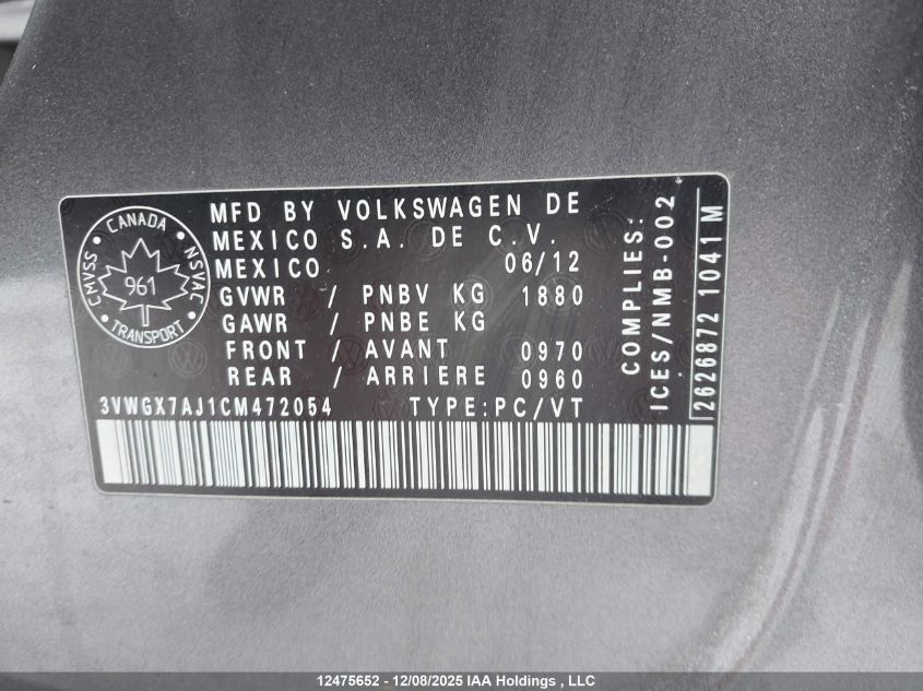 2012 Volkswagen Jetta VIN: 3VWGX7AJ1CM472054 Lot: 12475652