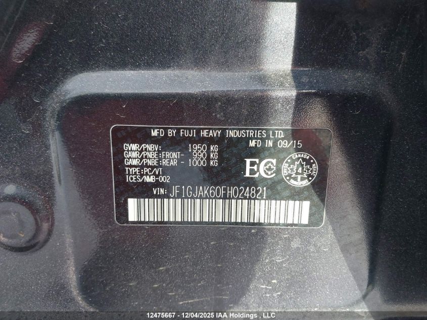 2015 Subaru Impreza 2.0I/2.0I Sport Package/2.0I Touring Package/2.0I W/Sport Tech Pkg VIN: JF1GJAK60FH024821 Lot: 12475667