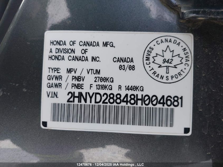 2008 Acura Mdx Elite Package VIN: 2HNYD28848H004681 Lot: 12475676