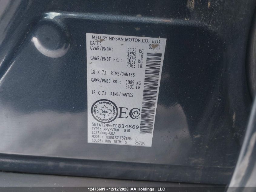 2015 Nissan Rogue S/Sl/Sv VIN: 5N1AT2MV6FC834869 Lot: 12475681