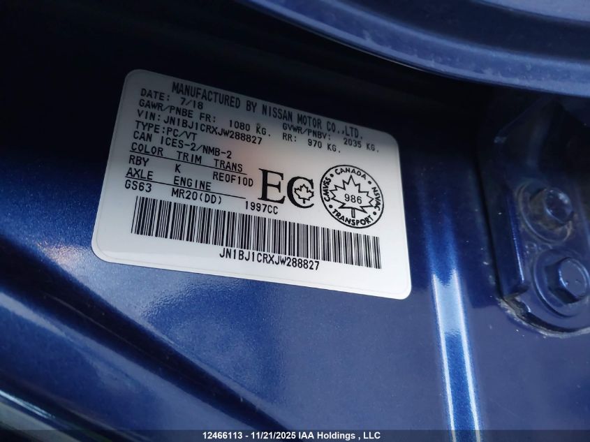 2018 Nissan Qashqai S/Sl/Sv VIN: JN1BJ1CRXJW288827 Lot: 12466113X