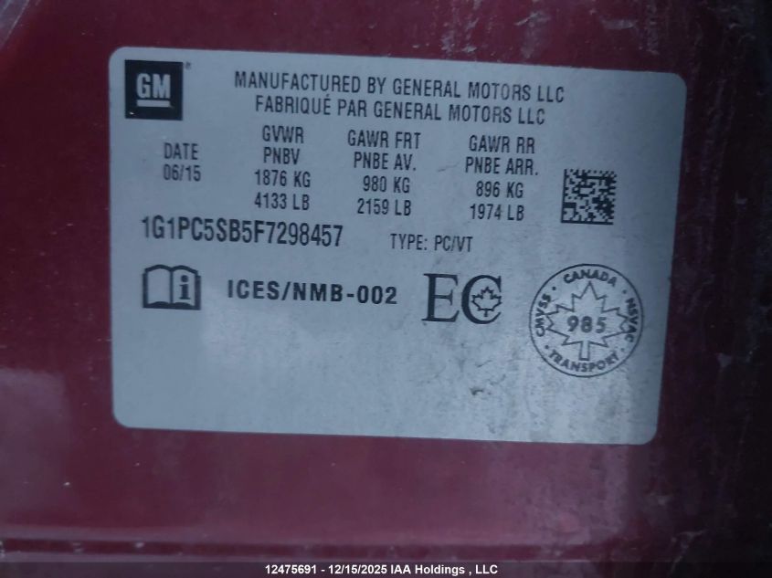 2015 Chevrolet Cruze VIN: 1G1PC5SB5F7298457 Lot: 12475691