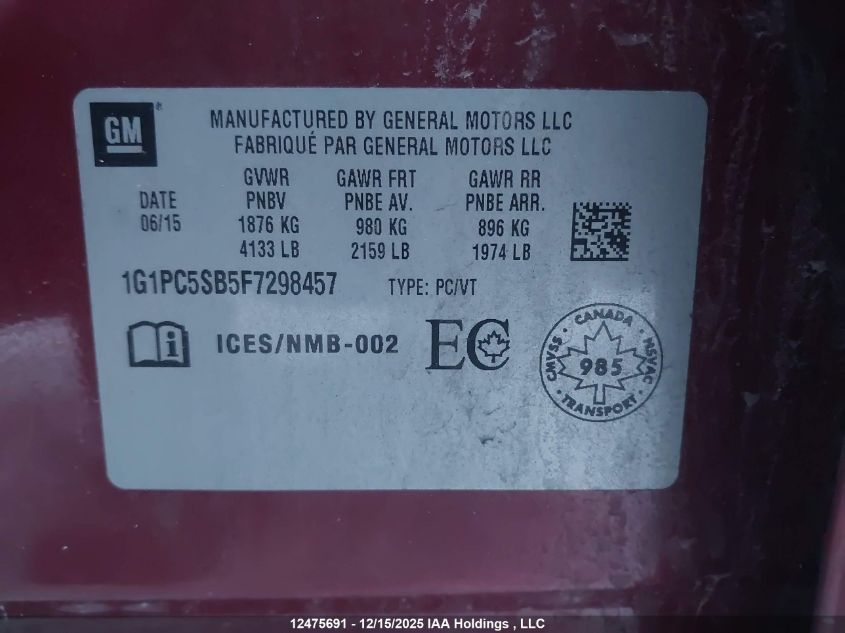 2015 Chevrolet Cruze VIN: 1G1PC5SB5F7298457 Lot: 12475691