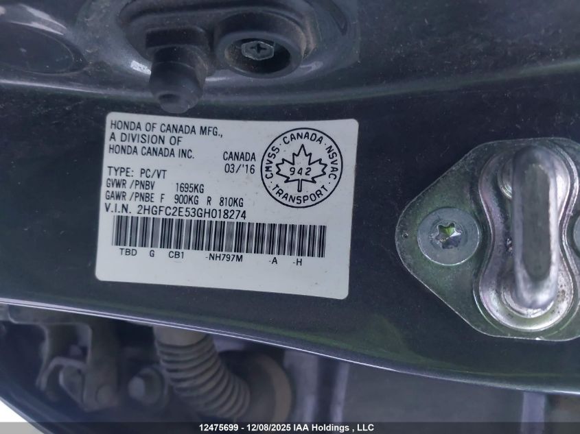 2016 Honda Civic VIN: 2HGFC2E53GH018274 Lot: 12475699