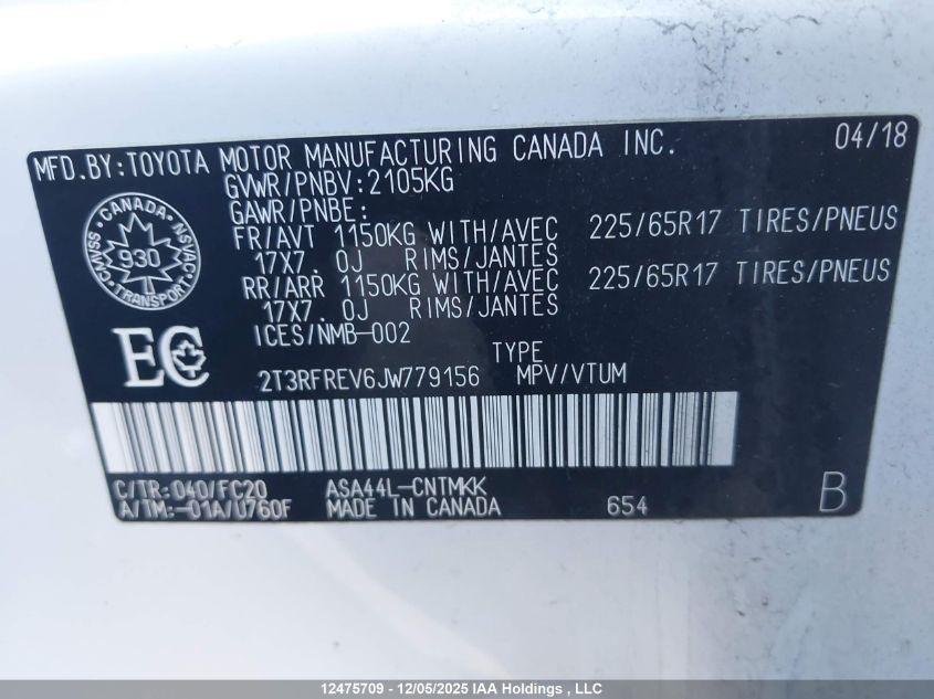 2018 Toyota Rav4 Adventure/Xle VIN: 2T3RFREV6JW779156 Lot: 12475709