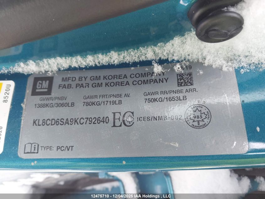 2019 Chevrolet Spark 1Lt Cvt VIN: KL8CD6SA9KC792640 Lot: 12475710