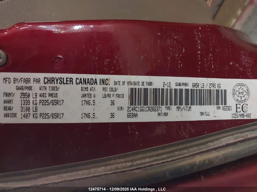 2012 Chrysler Town & Country Limited VIN: 2C4RC1GG1CR266371 Lot: 12475714