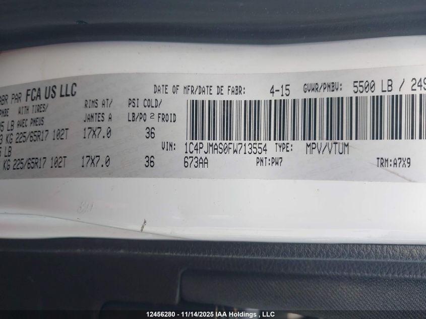 2015 Jeep Cherokee Sport VIN: 1C4PJMAS0FW713554 Lot: 12456280X