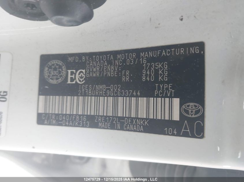 2016 Toyota Corolla VIN: 2T1BURHE9GC633744 Lot: 12475729