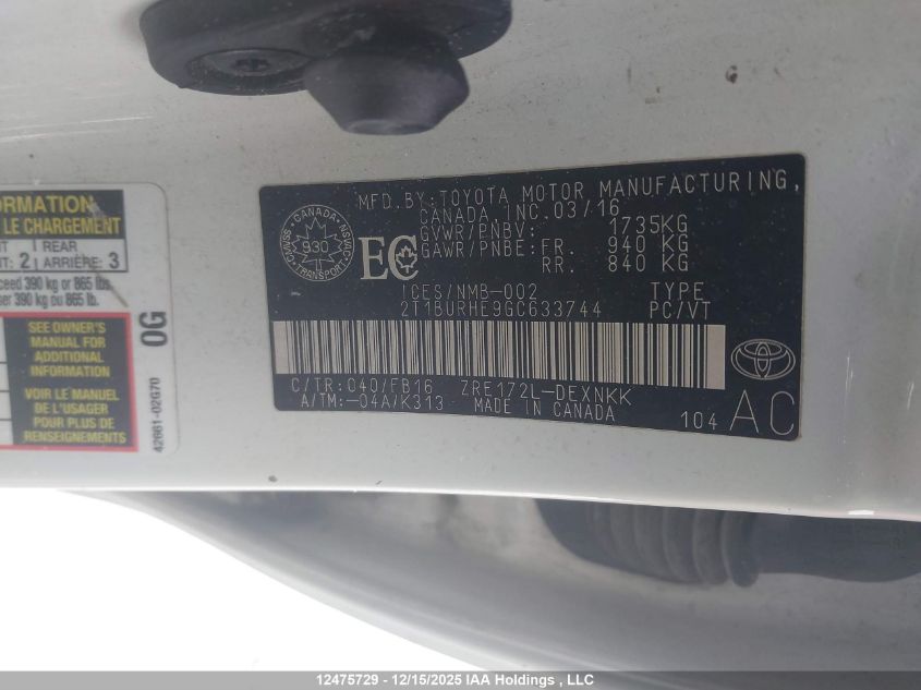 2016 Toyota Corolla VIN: 2T1BURHE9GC633744 Lot: 12475729