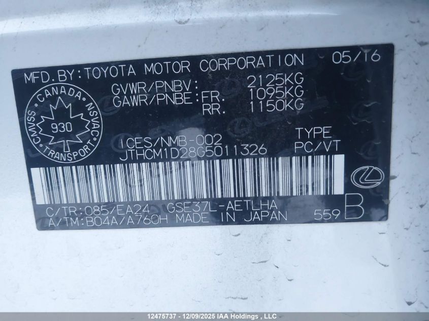 2016 Lexus Is 300 300 VIN: JTHCM1D28G5011326 Lot: 12475737