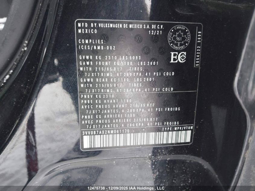 2022 Volkswagen Tiguan S VIN: 3VV0B7AX2NM061175 Lot: 12475738