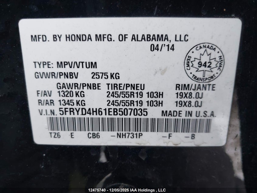 5FRYD4H61EB507035 2014 ACURA MDX photo no. 9