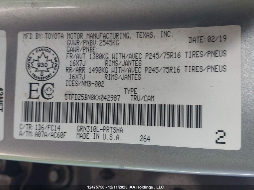 2019 Toyota Tacoma Double Cab/Sr5/Trd Sport/Trd Off Road VIN: 5TFDZ5BN8KX042987 Lot: 12475750