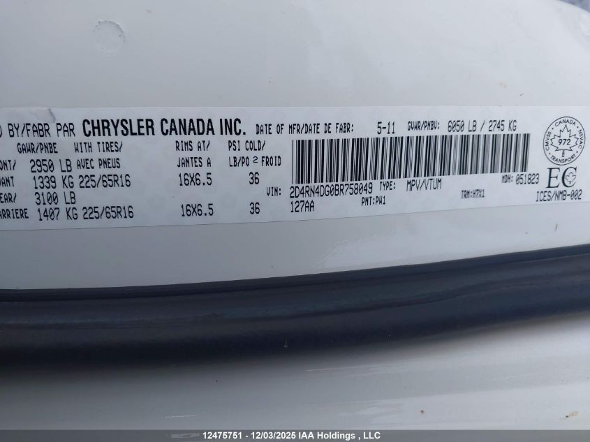 2011 Dodge Grand Caravan Express VIN: 2D4RN4DG0BR758049 Lot: 12475751