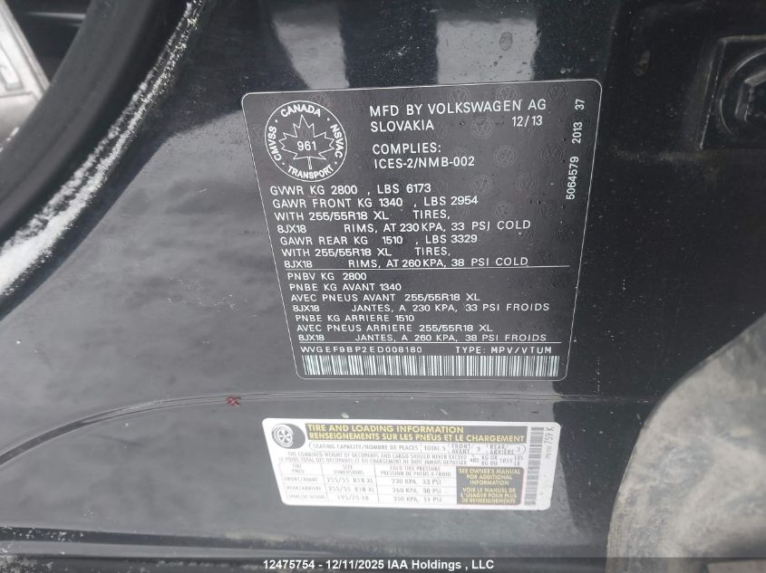 2014 Volkswagen Touareg 3.6L Executive/3.6L Lux/3.6L R-Line/3.6L Sport VIN: WVGEF9BP2ED008180 Lot: 12475754