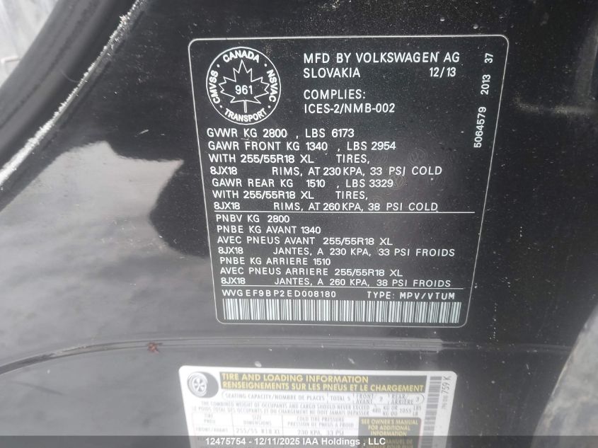 2014 Volkswagen Touareg 3.6L Executive/3.6L Lux/3.6L R-Line/3.6L Sport VIN: WVGEF9BP2ED008180 Lot: 12475754