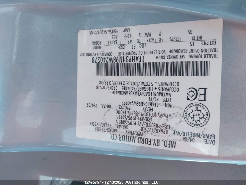 2008 Ford Focus S/Se VIN: 1FAHP34N98W240278 Lot: 12475757