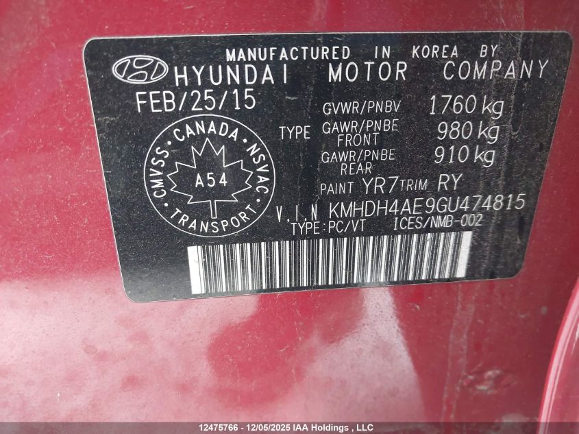 2016 Hyundai Elantra Sport Appearance VIN: KMHDH4AE9GU474815 Lot: 12475766