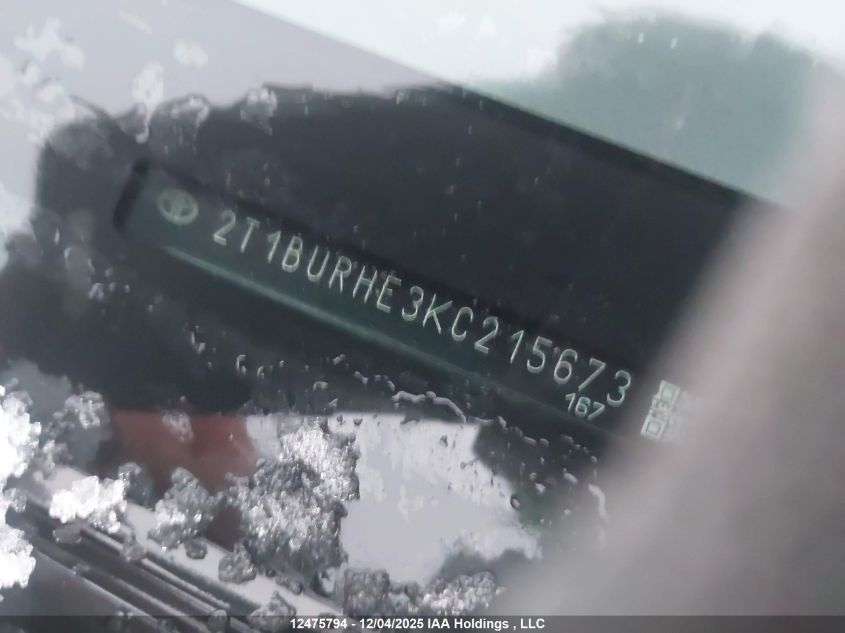 2019 Toyota Corolla VIN: 2T1BURHE3KC215673 Lot: 12475794