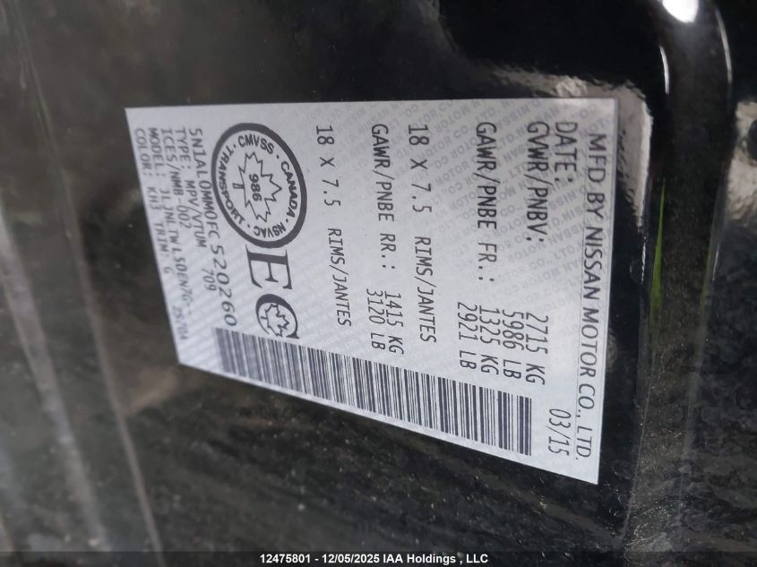 2015 Infiniti Qx60 VIN: 5N1AL0MM0FC520260 Lot: 12475801