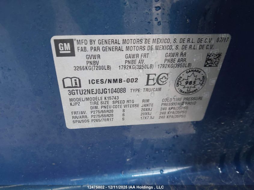 2018 GMC Sierra 1500 Slt VIN: 3GTU2NEJ0JG104088 Lot: 12475802