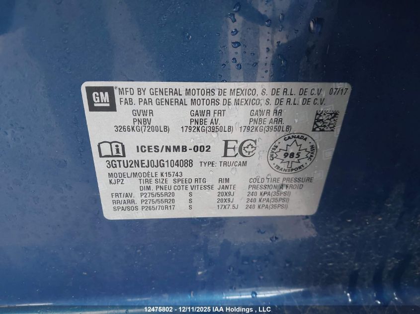 2018 GMC Sierra 1500 Slt VIN: 3GTU2NEJ0JG104088 Lot: 12475802