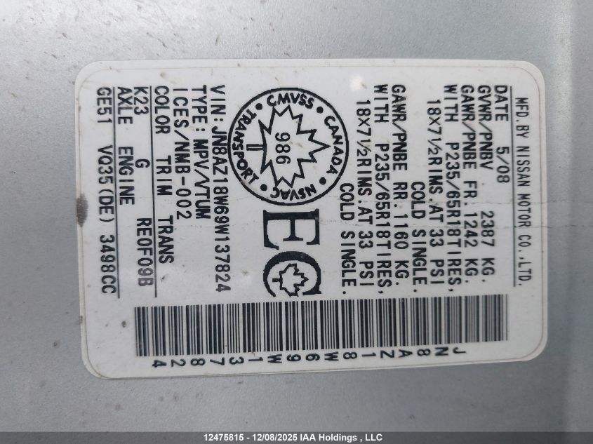 2009 Nissan Murano Sl VIN: JN8AZ18W69W137824 Lot: 12475815