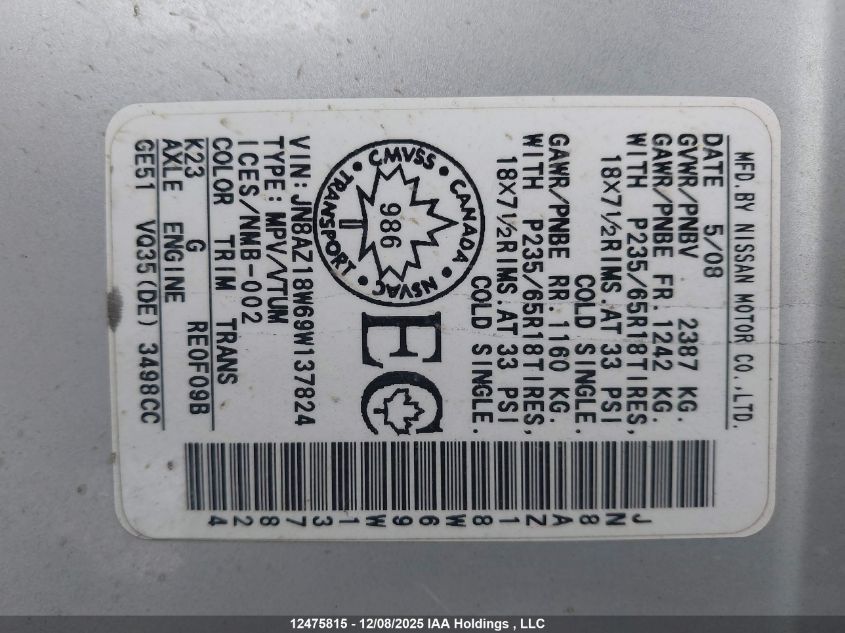 2009 Nissan Murano Sl VIN: JN8AZ18W69W137824 Lot: 12475815