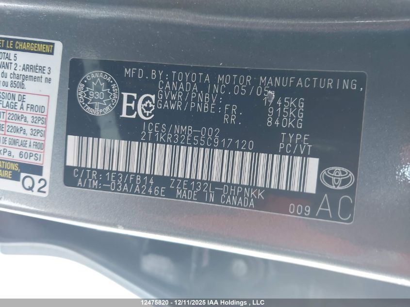 2005 Toyota Corolla Matrix Xr VIN: 2T1KR32E55C917120 Lot: 12475820