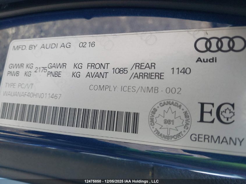 2017 Audi A4 2.0T Komfort VIN: WAUANAF40HN011467 Lot: 12475850