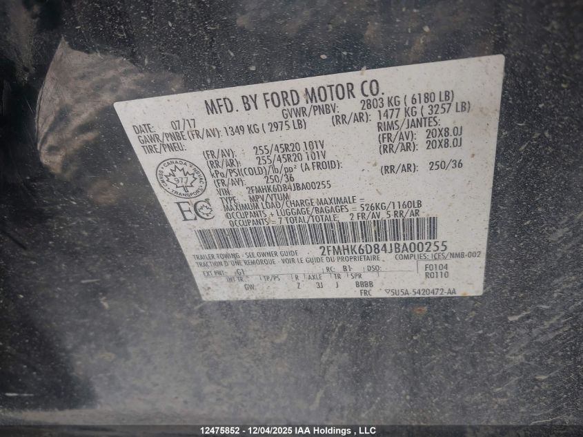 2018 Ford Flex VIN: 2FMHK6D84JBA00255 Lot: 12475852