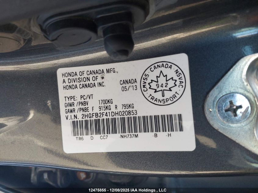 2013 Honda Civic Lx VIN: 2HGFB2F41DH020853 Lot: 12475855