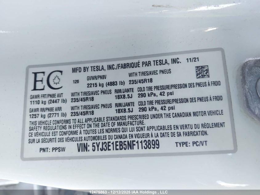 2022 Tesla Model 3 Long Range VIN: 5YJ3E1EB5NF113899 Lot: 12475863