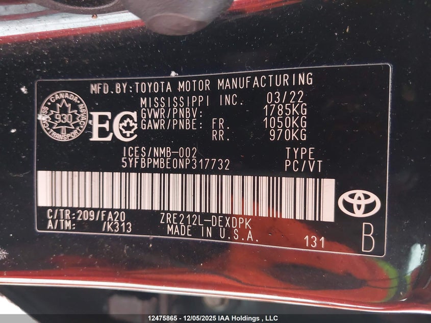 5YFBPMBE0NP317732 2022 TOYOTA COROLLA photo no. 9