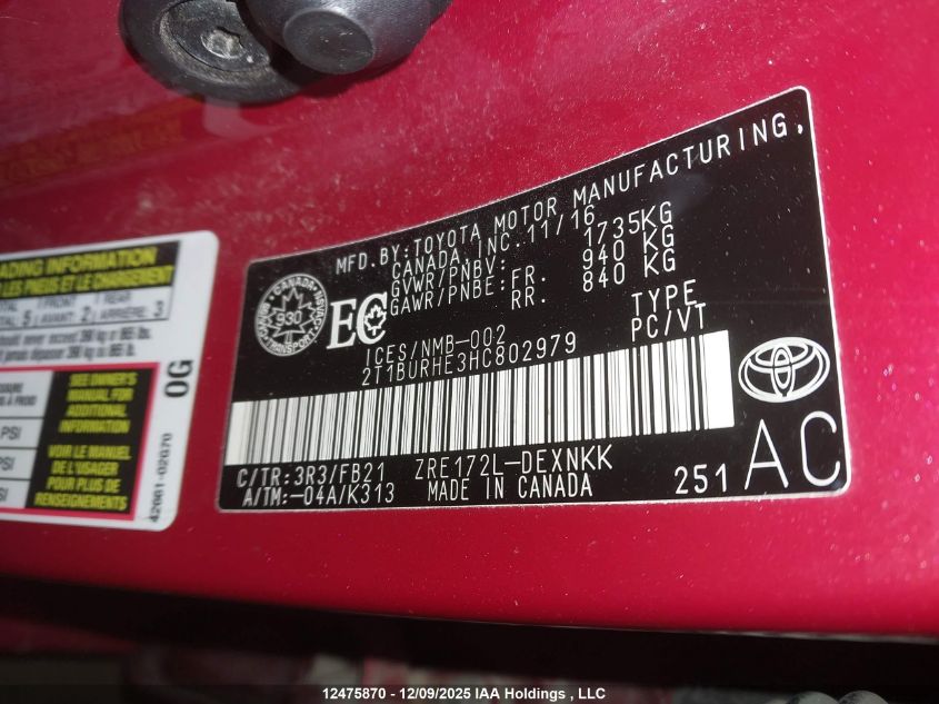 2017 Toyota Corolla L/Le/Xle/Se/Xse VIN: 2T1BURHE3HC802979 Lot: 12475870
